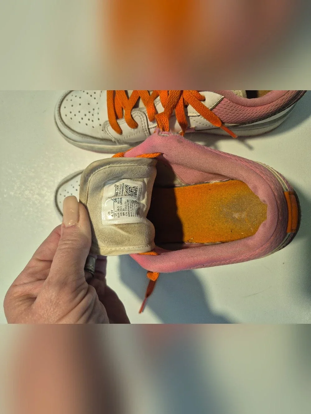 Nike Kids Air Jordan White Sneakers with Pink Swoosh and Orange Laces - Picture 5 of 7